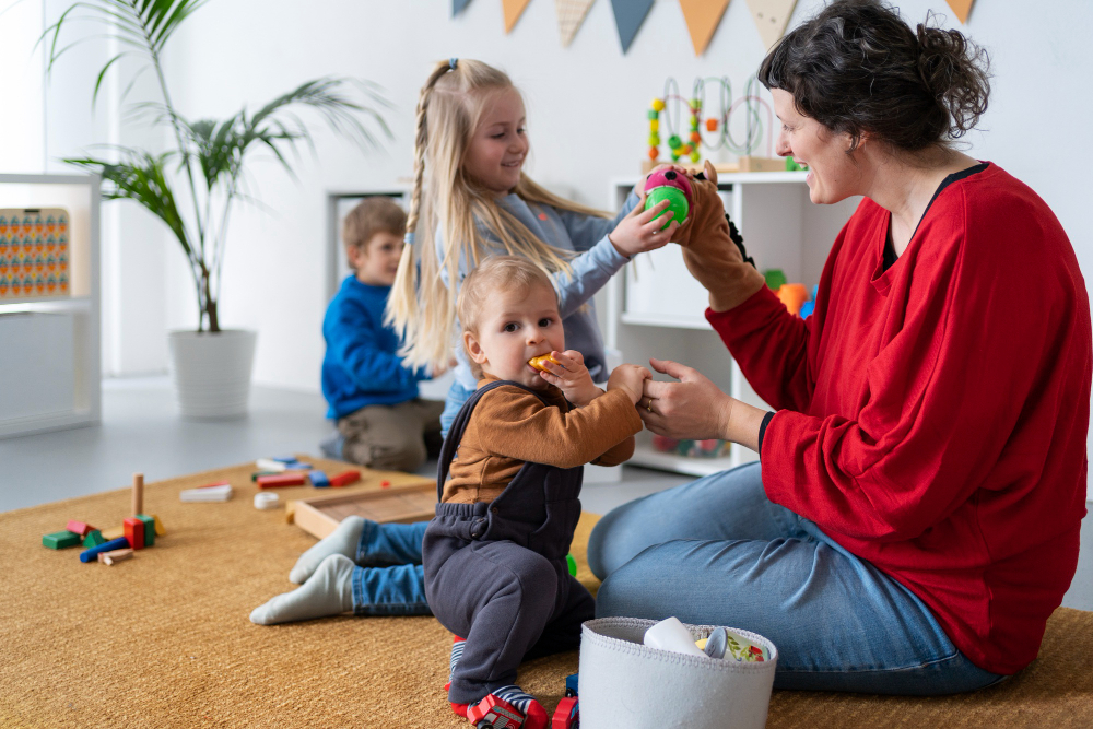 A nursery teacher is sitting cross legged in a room with 3 infant children around her who are playing with a hand puppet and other wooden blocks