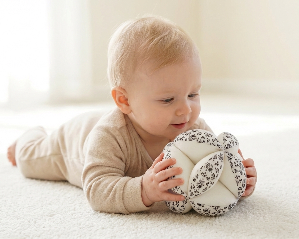 Caucasian body boy playing with a grip ball on the floor